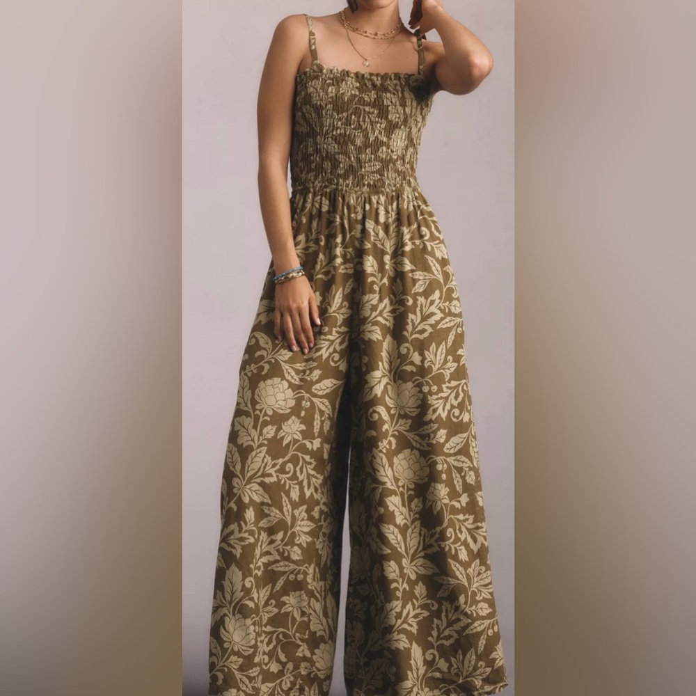 Olive Floral Smocked Wide-Leg Jumpsuit